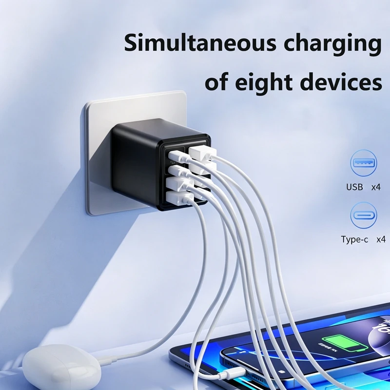 240W GaN Charger 8-Port USB Fast Charger Block 4A4C Multi-Port Charging Station with Intelligent Temp Control 100-240V Charger