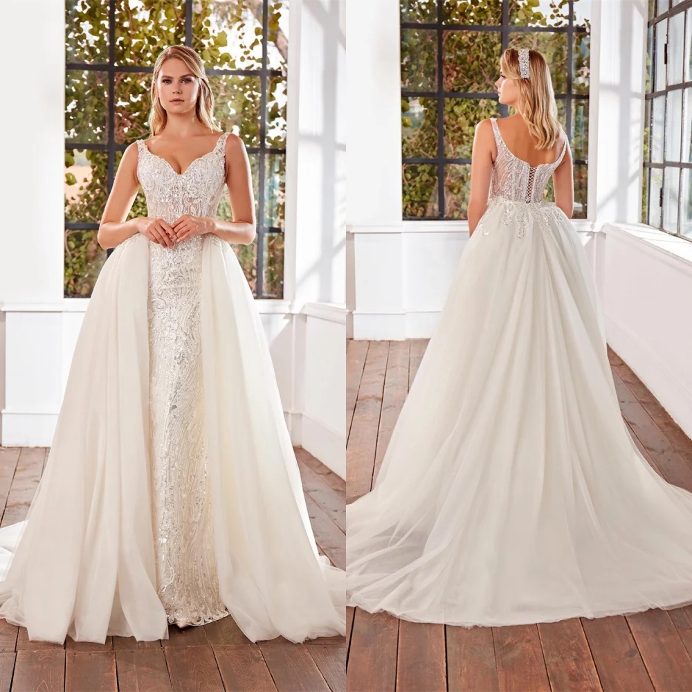 

Customized Exquisite White Organza Wedding Dress Elegant Strapless Spaghetti Straps Sleeveless Chapel Train Beading Bridal Gown