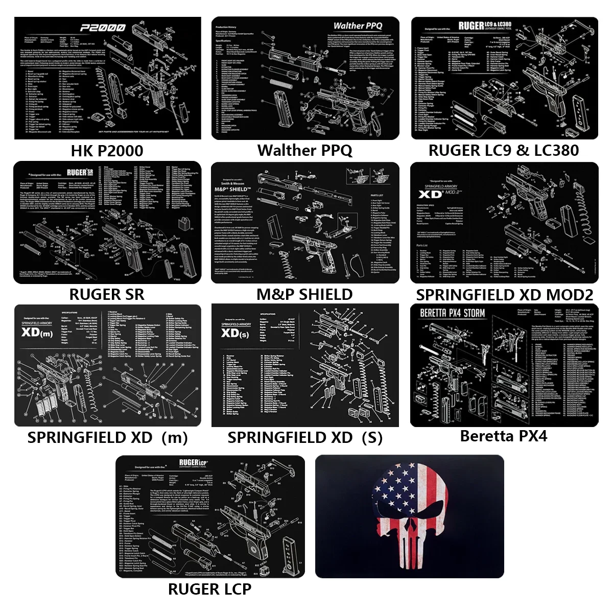 Gun Cleaning Rubber Mat Mouse Pad Parts Diagram For Walther PPQ RUGER LC9&LC380 M&P SHIELD Punisher SIG SAUER P320 P365