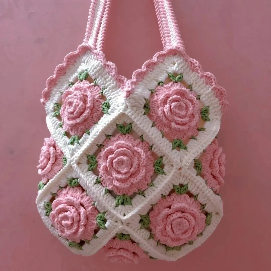 Imagem -03 - Bolsa de Ombro Artesanal Camélia Flor para Mulheres Fio Crochet Bolsa de Crochê Patchwork Flor Quadriculada Feminino Terminado Criativo