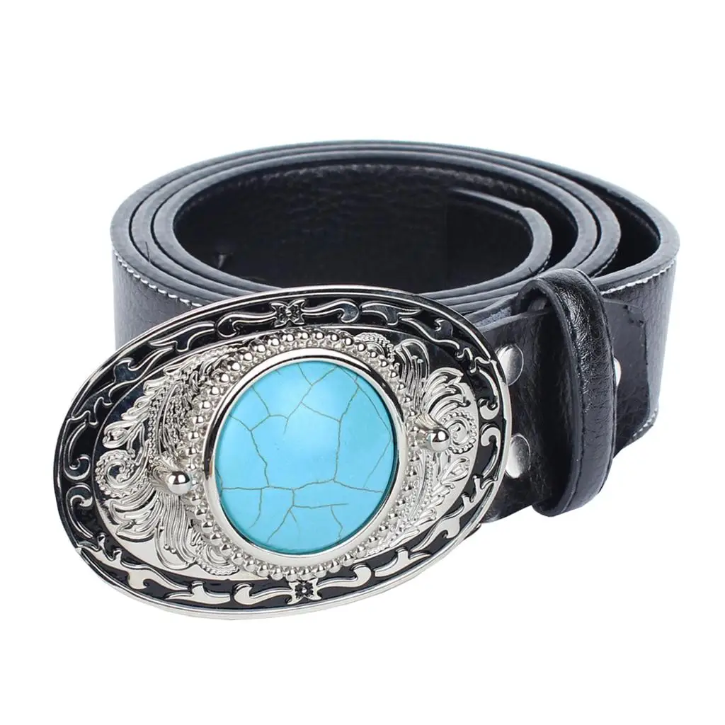 PU Leather Waistband Waist Strap with Turquoise Carved Pattern Metal Buckle