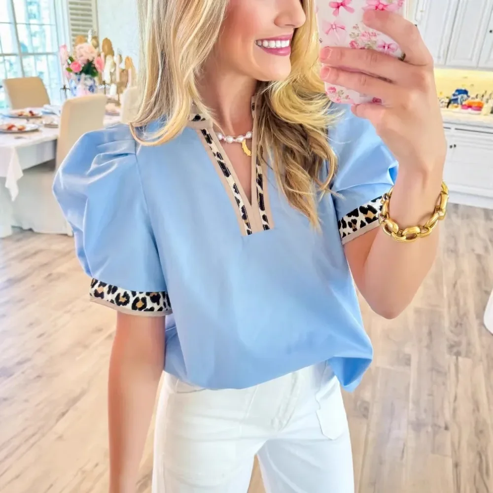 Women Leopard Print V-Neck Short Sleeve T-Shirt Casual Versatile Top Soft Breathable Stretchy Flattering Daily Work Date Party