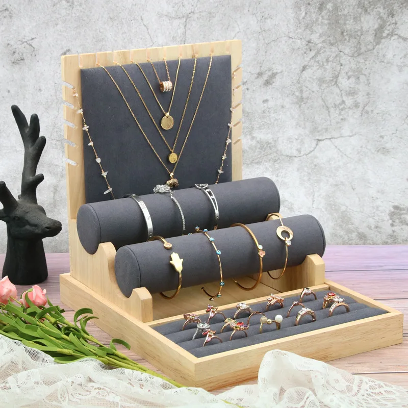 Wood Gray/beige 3-purpose Combination Set Jewelry Rack Bamboo Microfiber Ring Bracelet Necklace Multi-purpose Display Stand