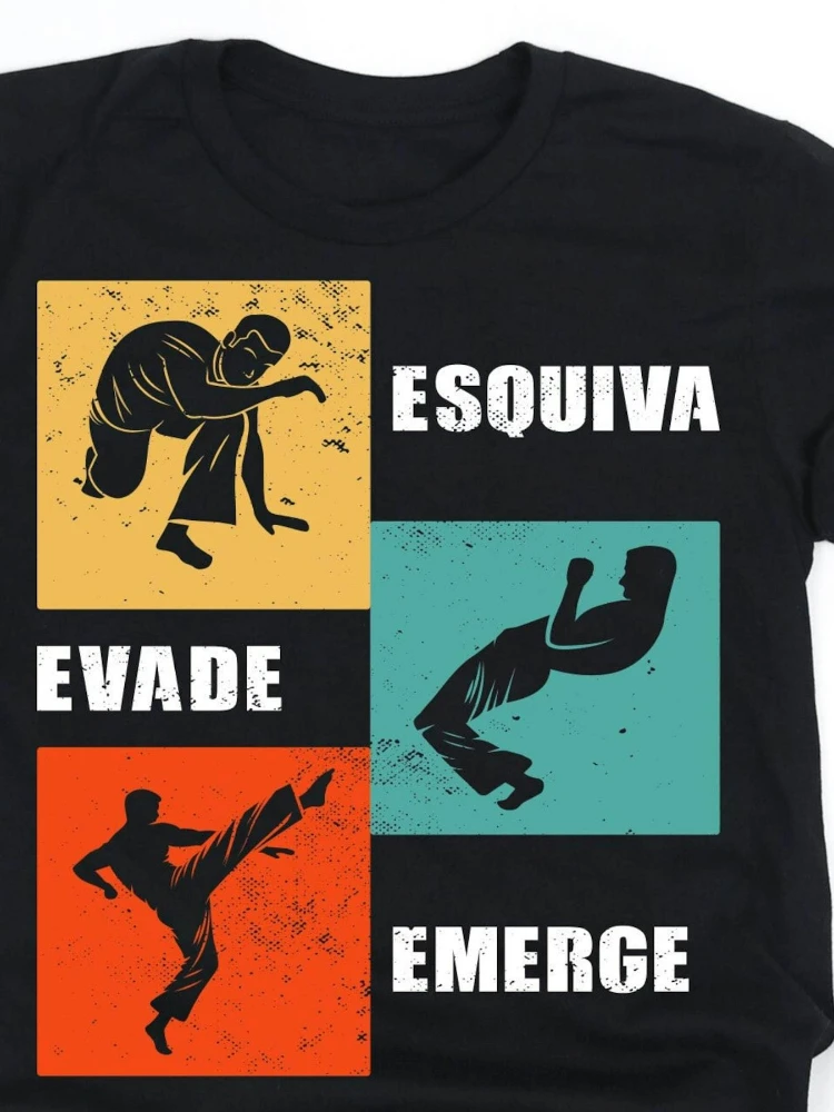 

Men's "Esquiva, Evade, Emerge" Capoeira-inspired by Brazilian martial arts, O-neck cotton T-shirt and dynamic Taekwondo pattern.