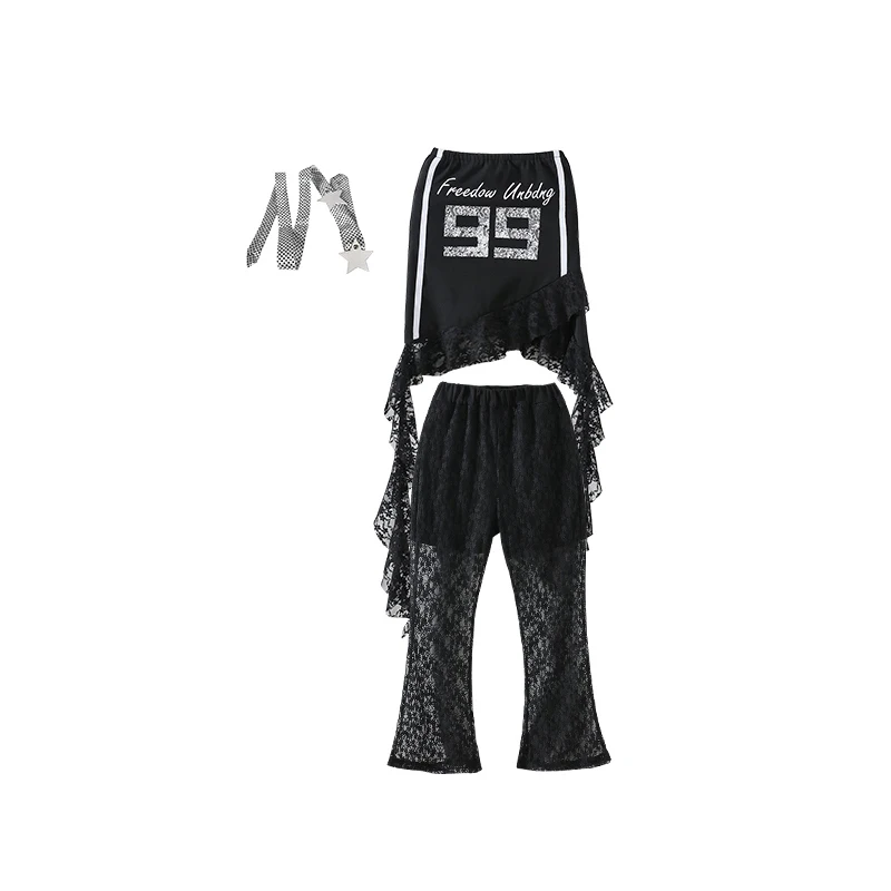 Kpop hip hop roupas de dança meninas jazz dança umbigo topos calças rendas verão street wear festival concerto terno palco bl16213