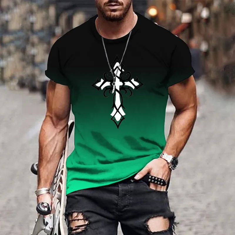 Moda impressão 3d gradiente impressão masculina verão venda quente esportes e lazer versátil em torno do pescoço camiseta pulôver