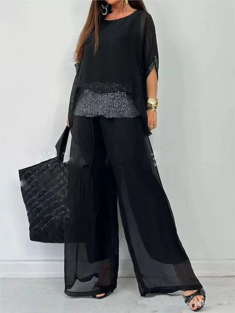 

Модные однотонные комплекты с блестками, женские элегантные топы с круглым вырезом и половиной рукавов + широкие длинные брюки, комплект из 2 предметов для женщин, повседневный офис