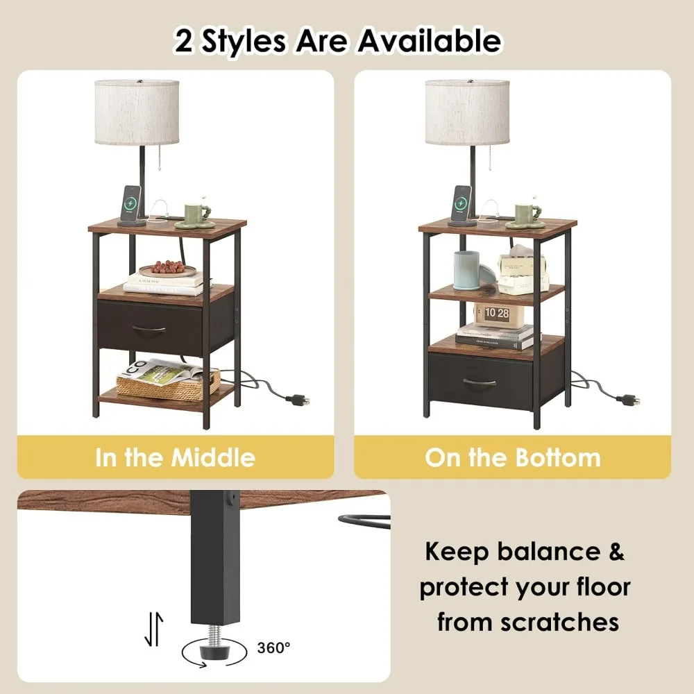 Nachtkastje met LED-verlichting Nachtkastje met 3 kleurtemperaturen Lamp, hoog nachtkastje met laadstation bijzettafeltje