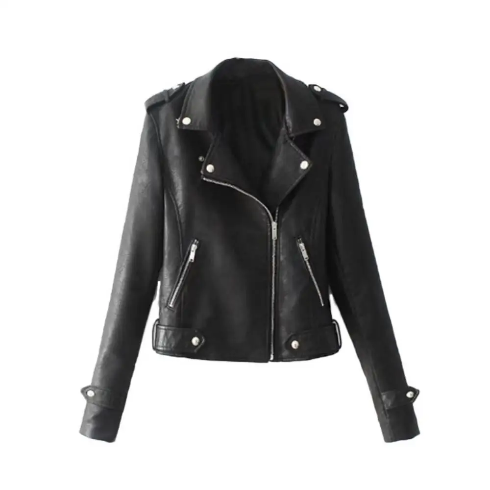 PU Washed Motorcycle Short Leather Jacket Solid Color Women Faux Leather Lapel Motorbike Jacket Long Sleeve Zip Up Short Jacket