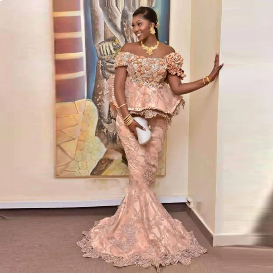 Aso Ebi Arabia Lace Mermaid Prom Dresses Off The Shoulder Ruffles Short Sleeve Evening Gowns Peplum Sweep Train Party Dress