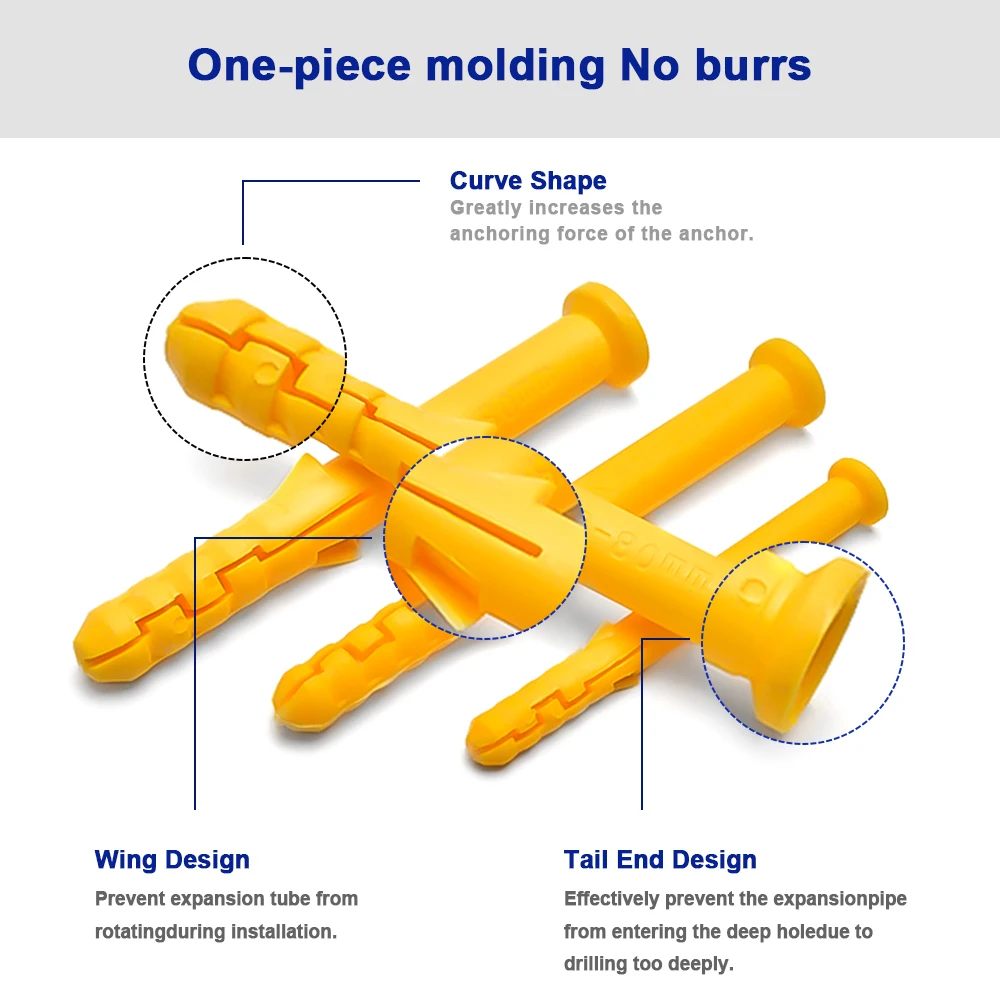 M6 M8 M10 20pcs-100pcs Yellow Plastic Expansion Pipe Tube Rubber Plug Wall Plugs Plastic Ribbed Anchor for Self-tapping Screws
