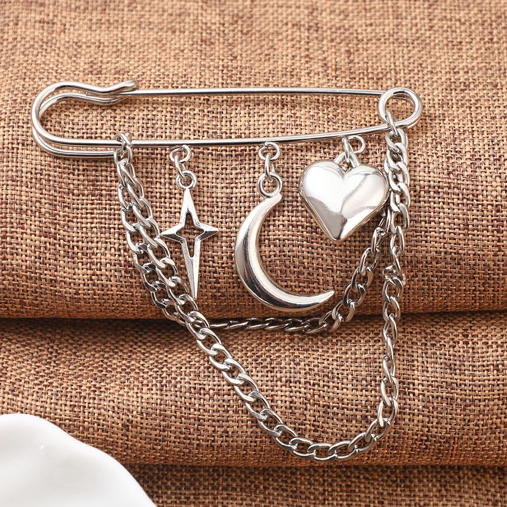 Bonito seguro-pin forma broche pinos amor coração crescente cruz estrela encantos camadas correntes pingente terno corsage acessório adereços presente