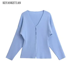 KEYANKETIAN 2024 New Launch Women's Covered Button Knitwear Autumn V-Neck Long Sleeve Slim Office Lady Sweater Crop Knit Top