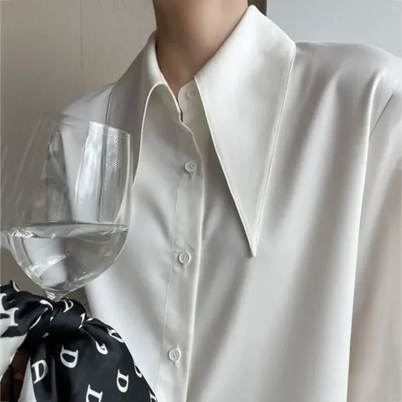 New Satin White Shirts Women Korean Design Pointed Lapel Smooth Blouses Casual Loose Spring Camisas New Soft Tops Office Blusas