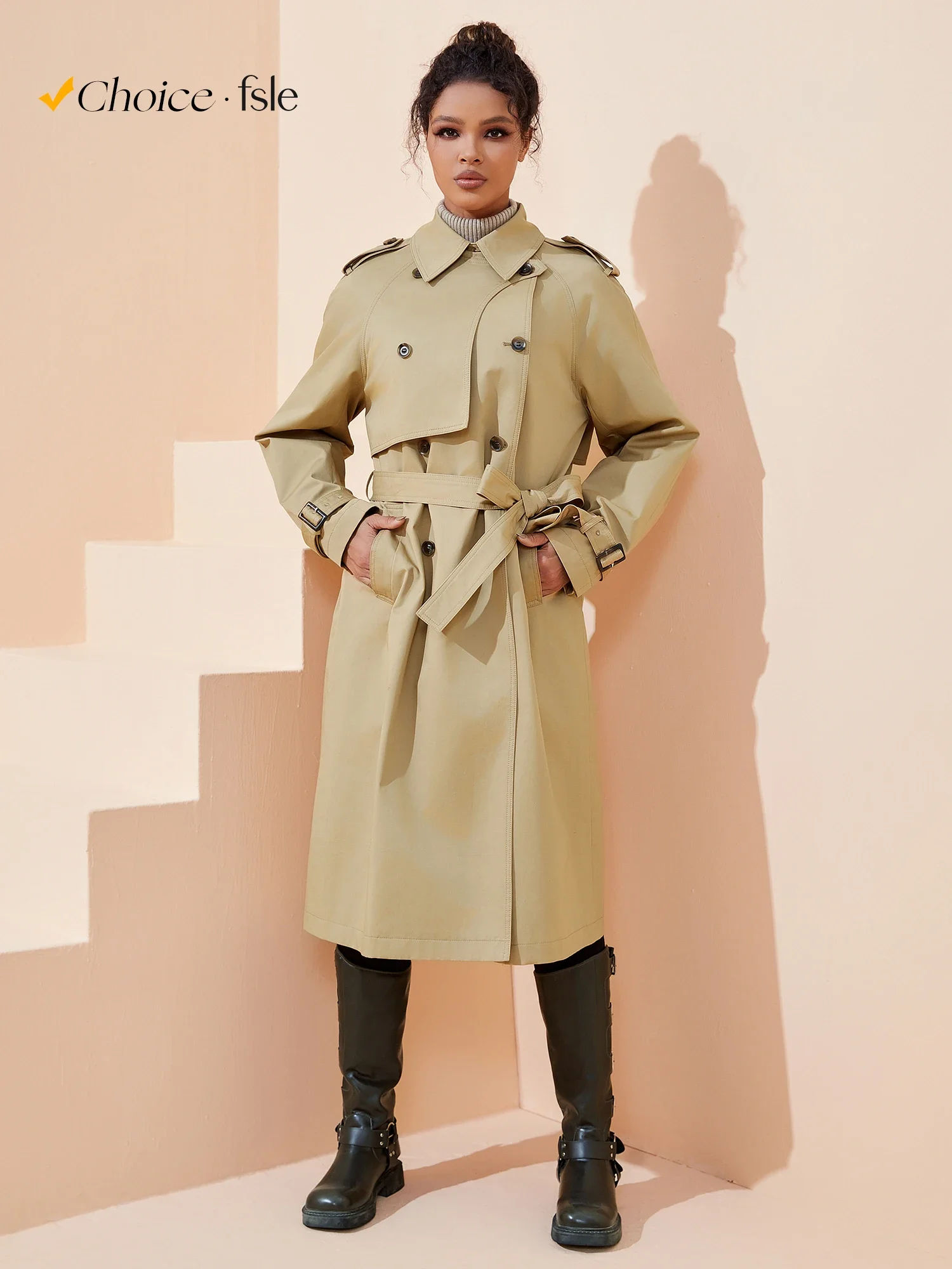 FSLE Women Trench Khaki Autumn Long Trench Coats Turn Down Collar Full Sleeve 100% Cotton Women Oversized Trench 24FS11325