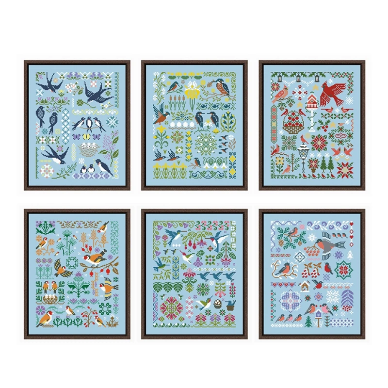 Bird geometry cross stitch kit cartoon pattern design 18ct 14ct 11ct skyblue canvas embroidery DIY