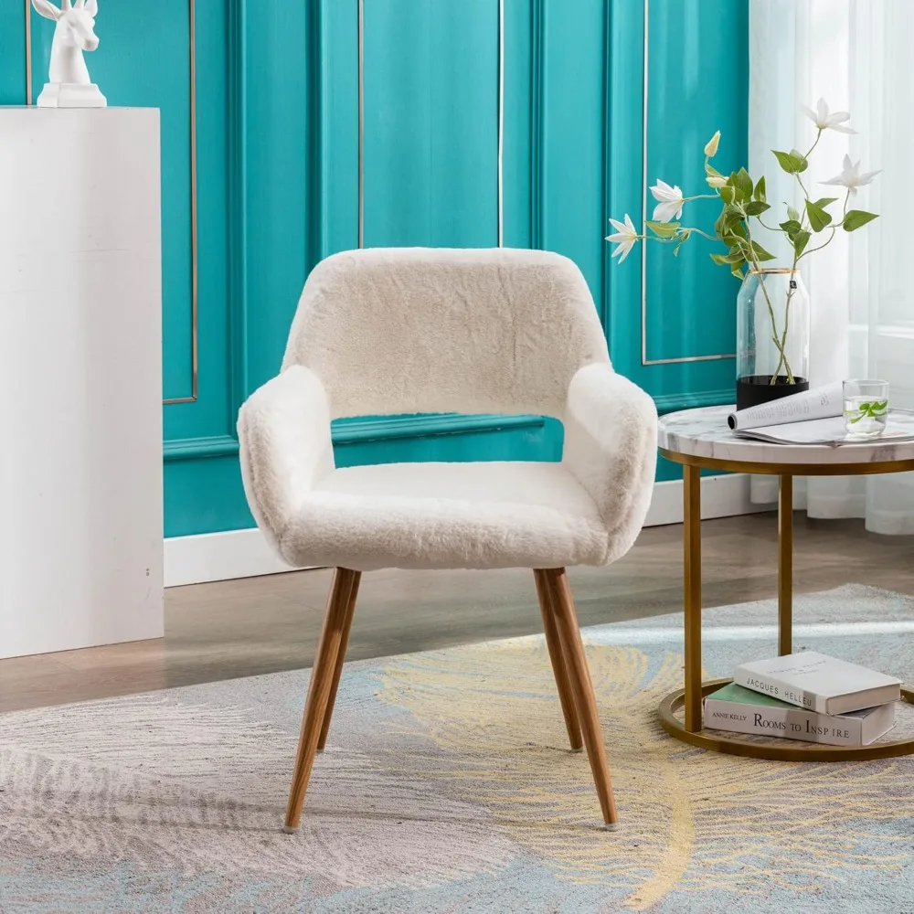 كرسي مكتب فروي KCC، كرسي مريح بذراعين حديث من منتصف القرن مع فرو صناعي للفتيات المراهقات، أرجل معدنية ذات مظهر خشبي لتناول الطعام #5