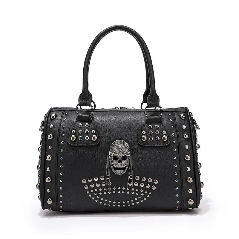 Trendy Metal Skull Studded Black Handbags Gothic Rivet Womens Purse Satchel Handbag Shoulder Bags Large Capacity