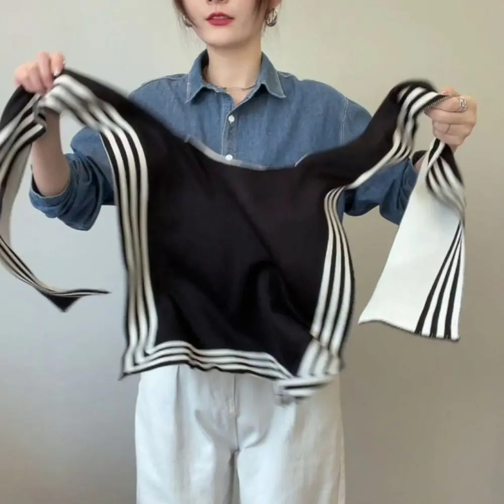 1PC Black White Striped Shawl High-end Small Shawl For Women Striped Outer Shirt Knitted Fake Collar Knitted Scarves view 3