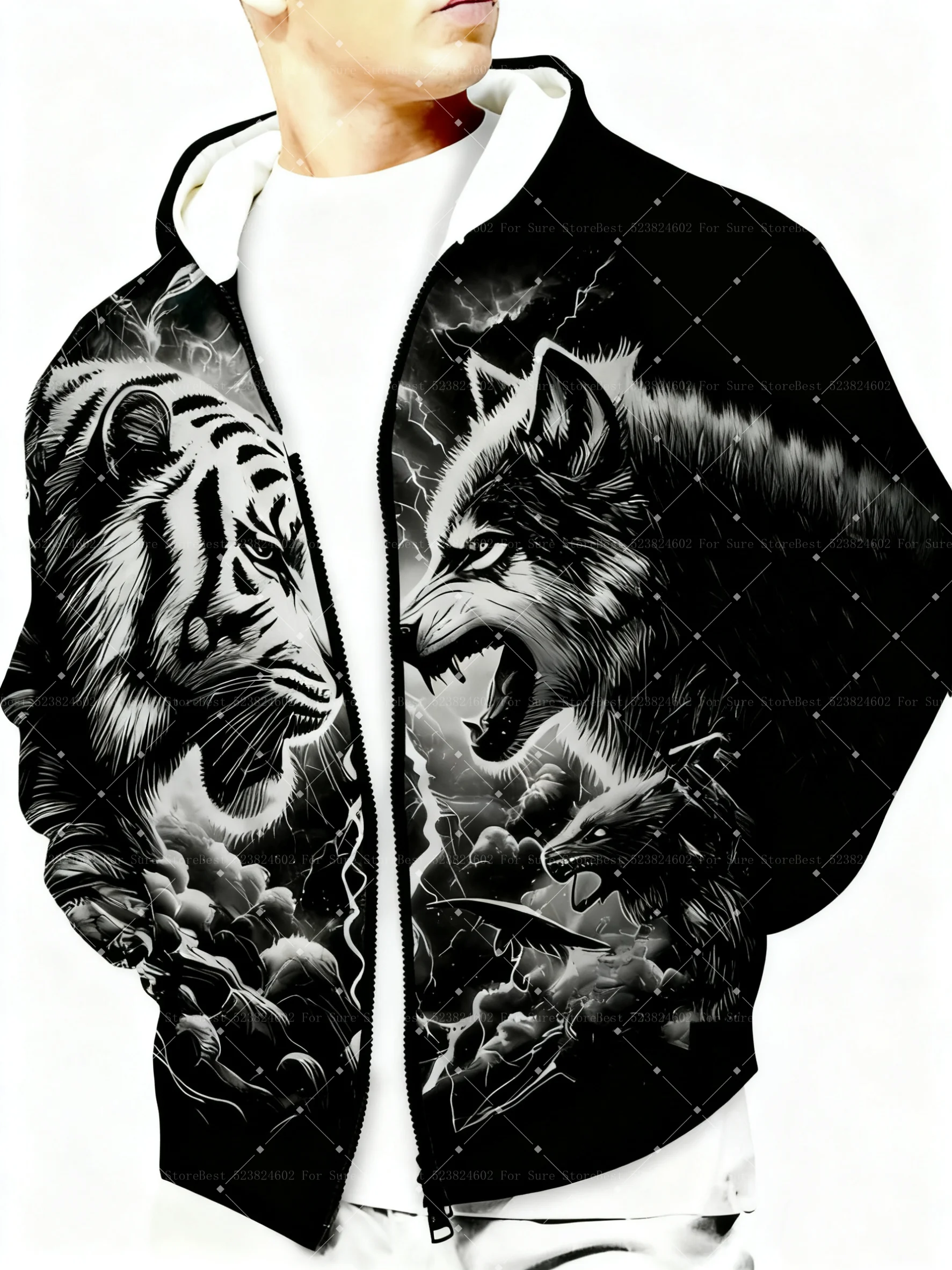 الرجال النمر الذئب طباعة الرمز البريدي هوديي كامل البريدي الجبهة الجانب جيوب مزيج سترة لخريف شتاء الرجال هوديس المرأة هوديي