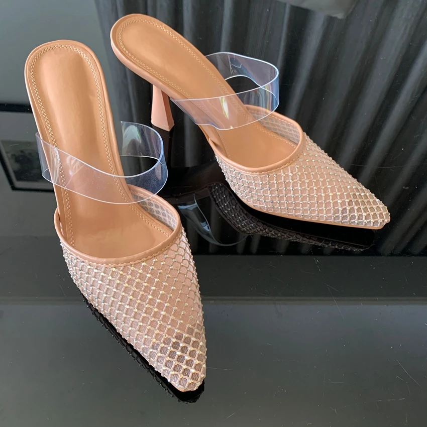 Luxury Woman Sandal Sexy Rhinestones Mesh Pointed Toe Slingback Brand Elegant Party High Heels Shoes for Lady Summer Footwear
