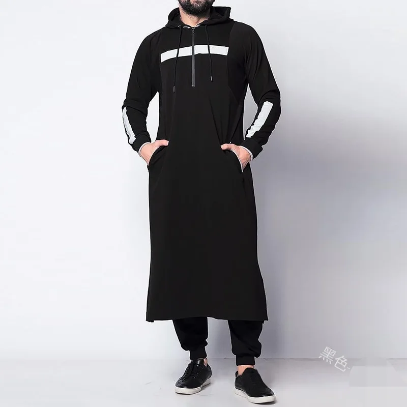 Men Clothing Muslim Abaya Islamic Kaftan Full Length Hooded Arab Costume Men Sweatshirt Oversize Male Tops Pullover Streetwear