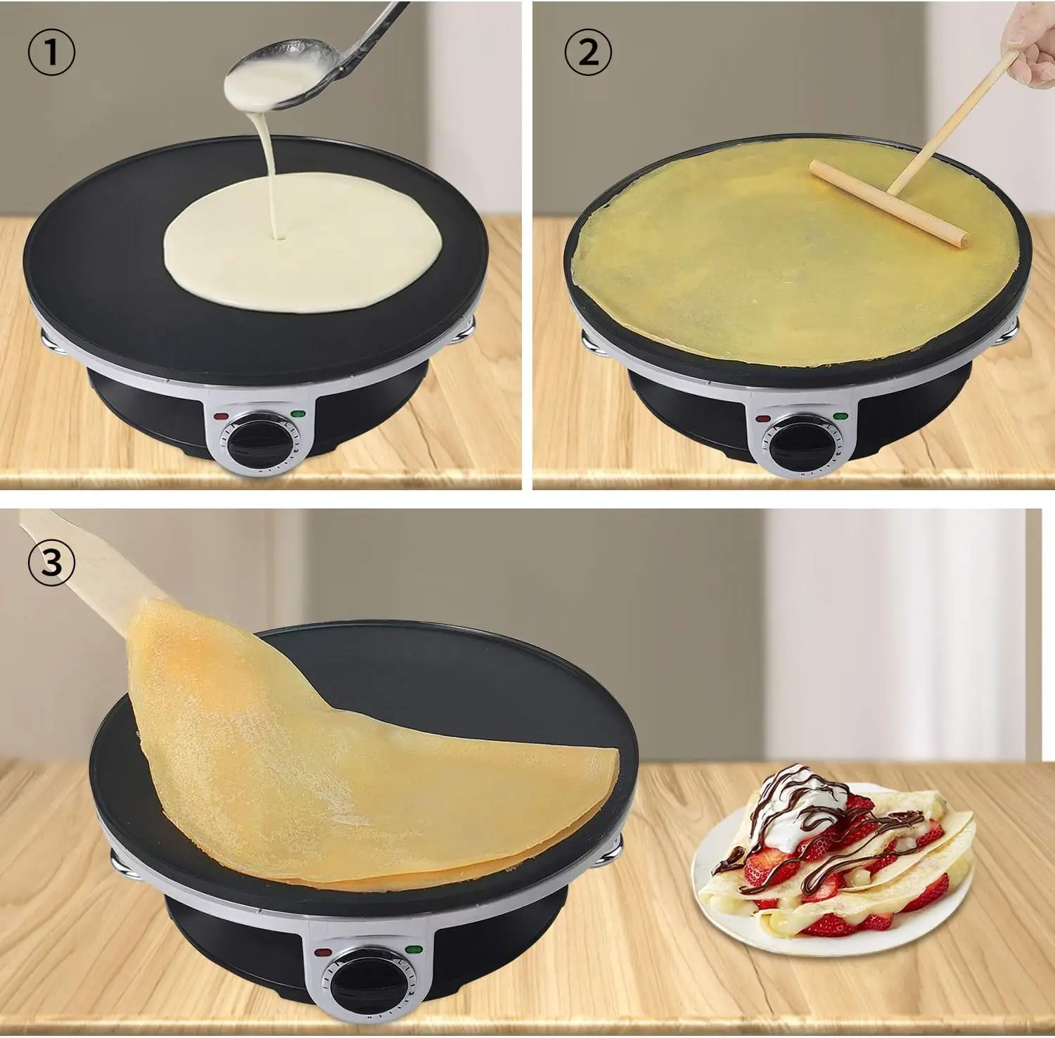 صانع الكريب - صانع كريب مقاس 13 بوصة وشواية كهربائية وصانعة فطائر غير لاصقة - مقلاة كريب (فضي-أ)