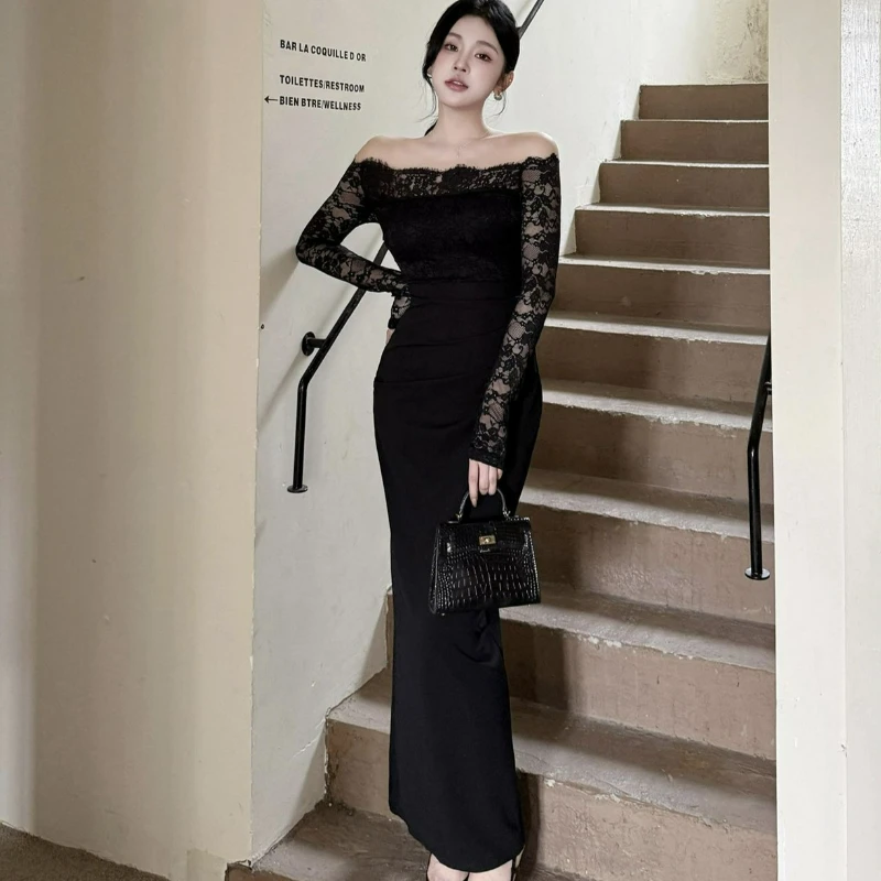 

2026 Fashion Sexy Elegant Slimming Long-sleeved Hip-hugging Dress One-shoulder Lace Patchwork Dress for Women New Spring/Summer