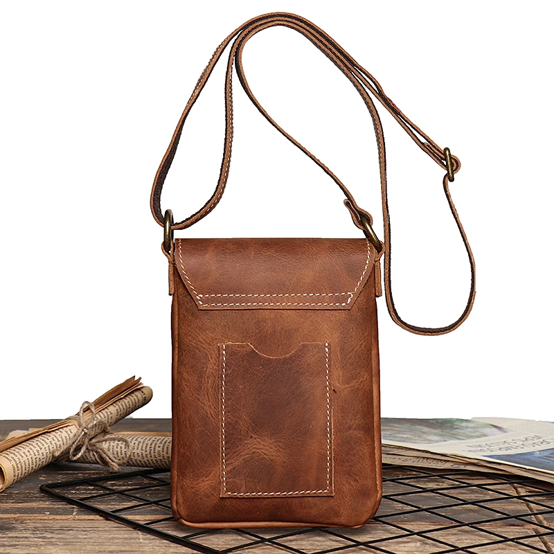 Crazy Horse Leather Small Vintage Sling Crossbody Bag Man Flap Locking Shoulder Bag Simple Men\'s Phone Key Pocket Bag