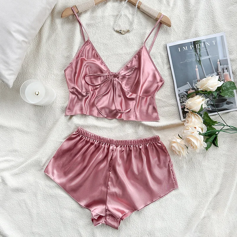 Red Ice Silk Pijamas Sexy Lingerie Lady Summer Night Wear Mini Strap Top&shorts Solid Color Home Clothing 2Pcs Pyjamas Suit