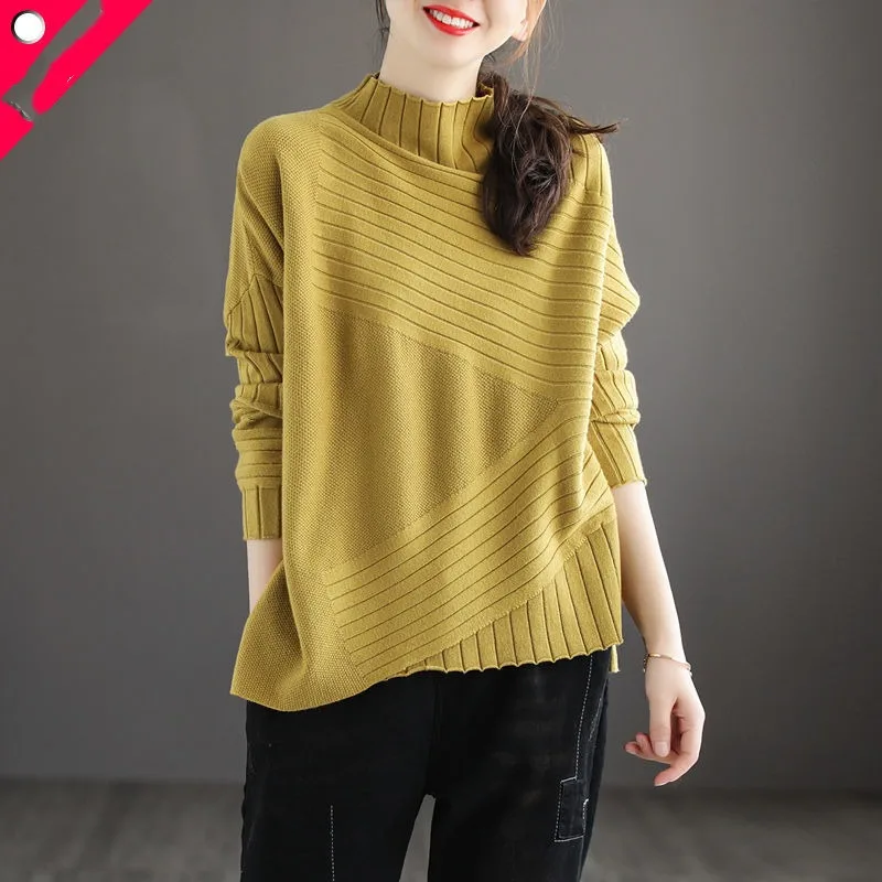 

Autumn and Winter Women's Pullover Half High Collar Patchwork Asymmetric Solid Color Fashion Casual Elegant Long Sleeve Sweater