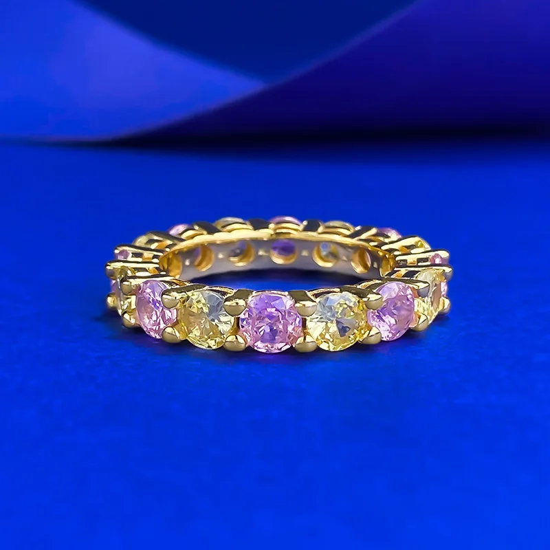 

CKT 925 Sterling Silver Round Cut Lab Sapphire Citrine Gemstone Row Ring for Women Fine Jewelry Wedding Band Wholesale