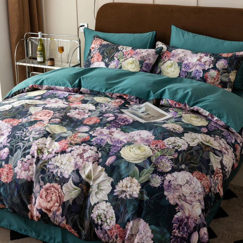 1000TC Egyptian Cotton Flowers Plant Prints Bedding Set Single Double Queen King Size Duvet Cover Set Bed Sheet Pillowcases 4Pcs