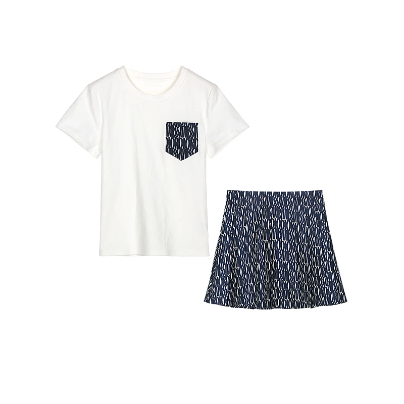 

Модная жаккардовая наклейка из двух предметов, футболка из чистого хлопка с надписью + плиссированная юбка, комплект для уменьшения возраста и утягивания юбки