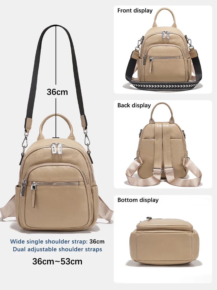 Zency Genuine Leather Small Backpack Knapsack Multi-pocket Design Wide Strap Convertible Shoulder Bag For Travel Commuter Work