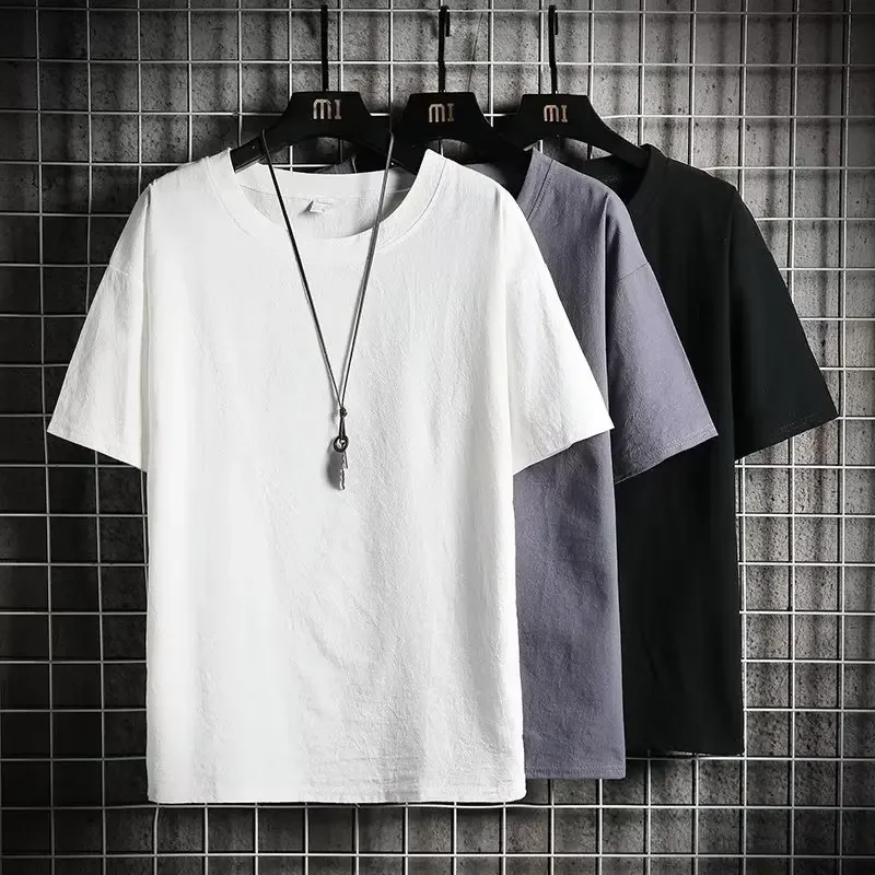 Loose Linen Short Sleeve T-Shirt Men's Summer New Fashion Brand Cotton Linen Half Sleeve Solid Color Body Shirt Crew Neck