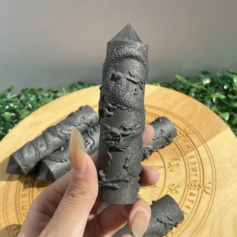 1pc Shungite Tower with Dragon Carving Tower, Shungite Crystal Point Elite Shungite Obelisk,Home Decor,Gift for Her,Crystal gift