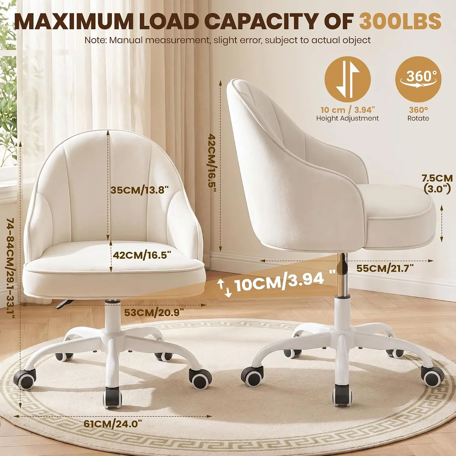 Vanity Chair with Wheels, Velvet Upholstered 360° Swivel, Beige