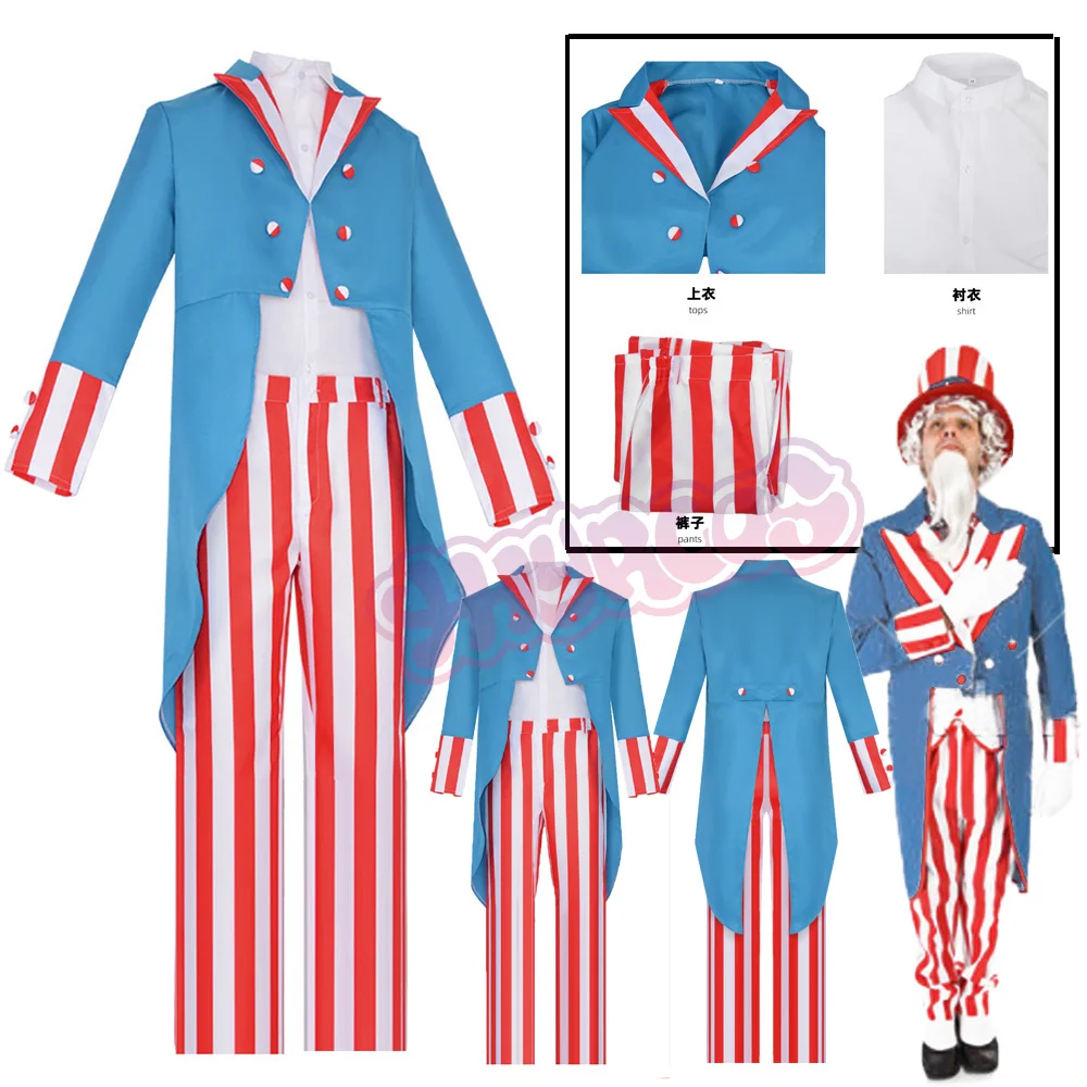 Movie Saamm Uncle Cosplay Adult Costume Patriotic Blue Jacket Red and White Striped Pants Shirt USA American Suit Halloween