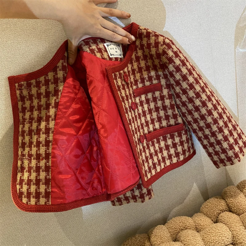 Girls Tweed Padded Cotton Red Plaid Suit Autumn And Winter New Korean Children\'s Double-Breasted Jacket Skirt Shorts 2pcs Sets