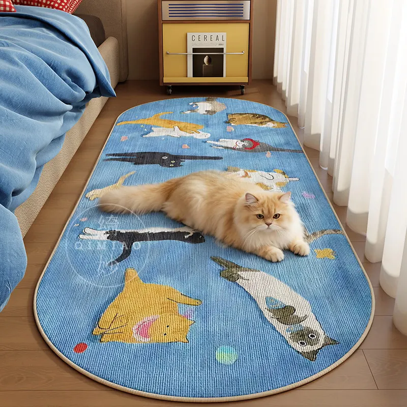 VIKAMA Cat with Flowers Runner Rug for Bedroom, Flannel Plush Bedside Floor Mat, Anti Slip Non Fatigue Doormat, Cozy Home Decor