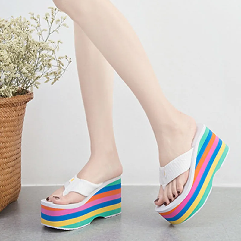 New Summer Women Slippers Rainbow Wedges Beach Flip Flops Ladies Outdoor 10CM High Heels Platform Slipper Fashaion Slides Shoes