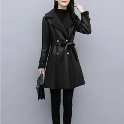 2023 New Leather Jacket Fur Collar Casual Outer Wear Thick Fur Liner Leather Jacket  for Women Fall Lace-up Slim Winter Fashion