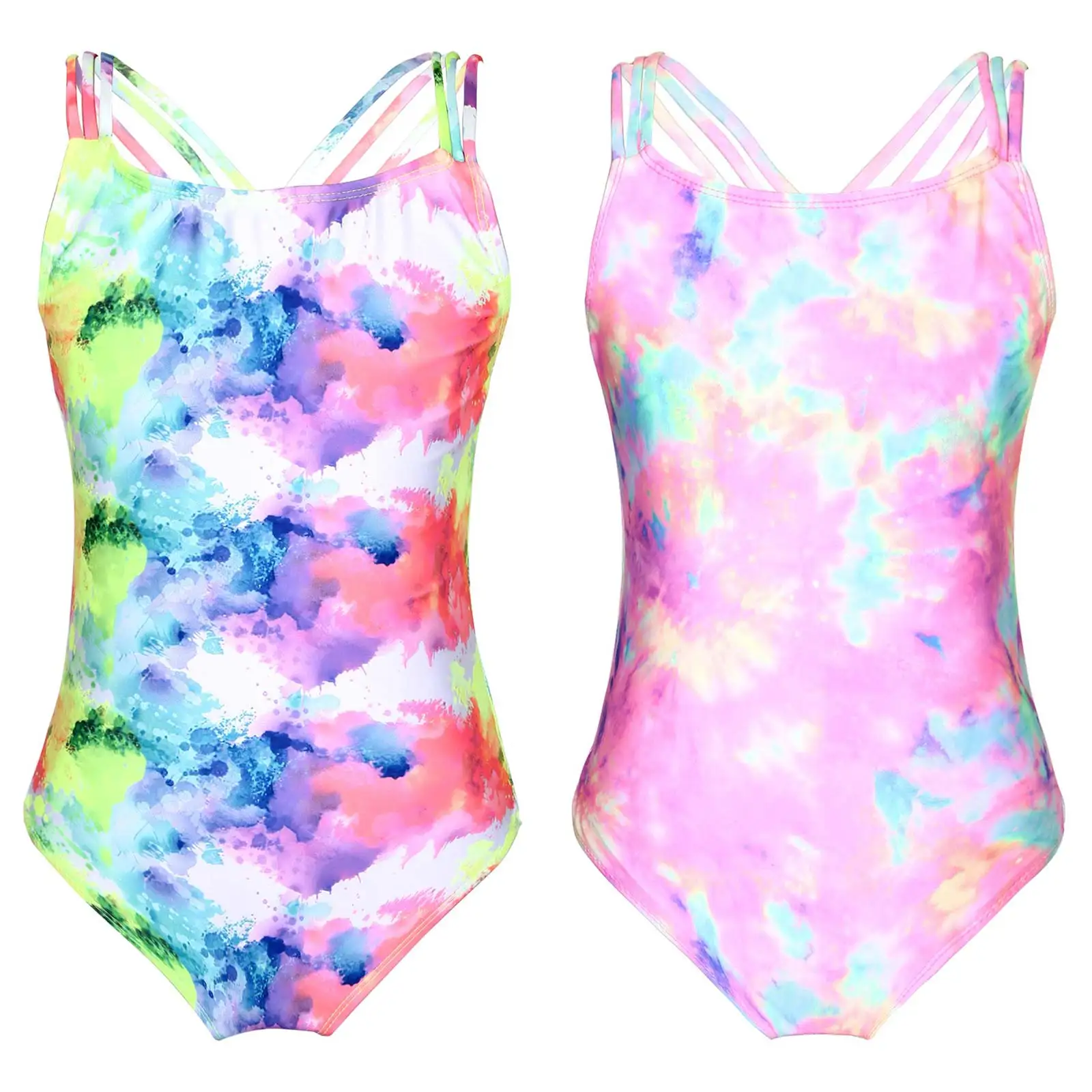 Kids Swimming Wear One Piece Swim Jumpsuit Stretchy Sleeveless Backless Colorful Tie Dye Printed Girls Swimsuit Beach Bodysuit