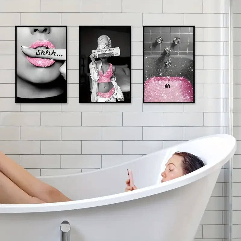 6 قطعة ملصق المرحاض بدون إطار موضة الوردي امرأة الحمام جدار ديكور يطبع بريق المناديل الورقية قماش الأسود والوردي جدار الفن #4