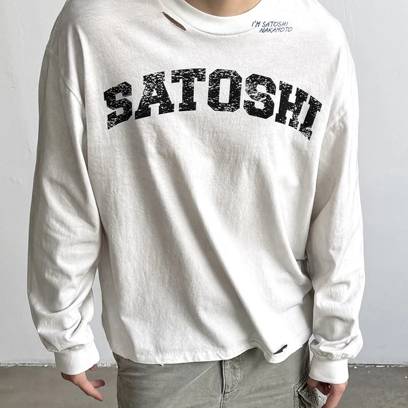 Street Oversized SATOSHI Long-sleeved T-shirts 26ss Unisex Washed Cotton Letter Print T Shirt Men's Hip Hop Styles Top Tee