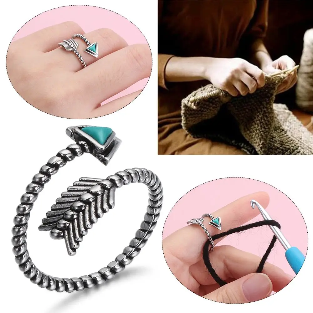 Wear Crafts Feather Adjustable Jewelry Ring Bow and arrow Knitting Tools Yarn Guides Knitting Loop Crochet Ring Thimble Ring