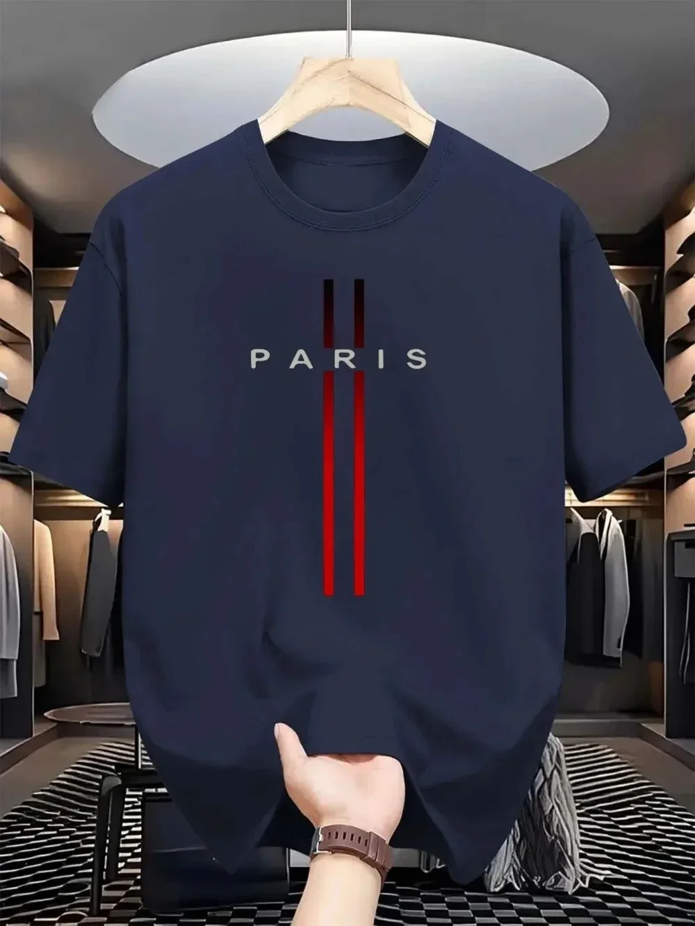 Men's Fashionable and Versatile Summer Loose Paris Creative Letter Printed Casual Slim Fit Round Neck Short Sleeved T-shirt Top image 4