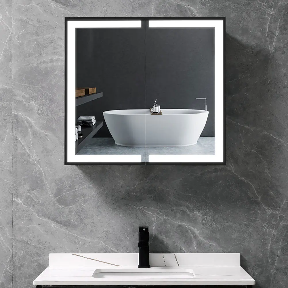 650x600MM Modern Black Surface Mount LED Mirror Cabinet with Double-Sided Door