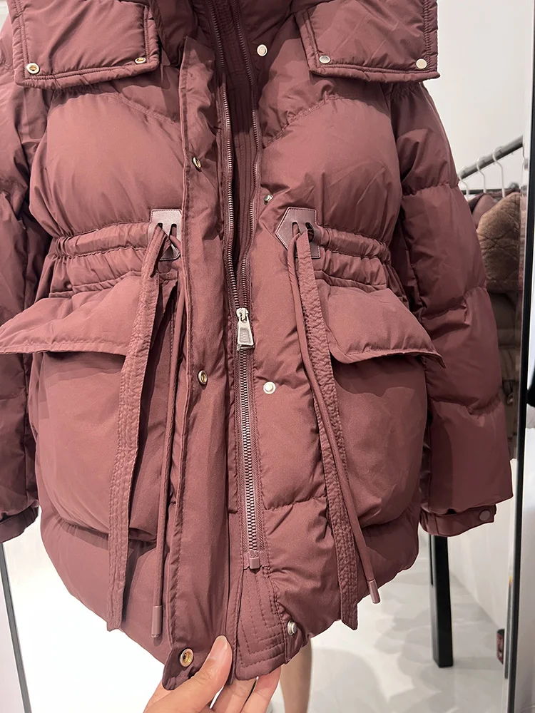 韓国風ファッション フード付き ウエストシェイプ スリム ビッグポケット ホワイトダックダウンジャケット レディース トレンド新作ダウンジャケット